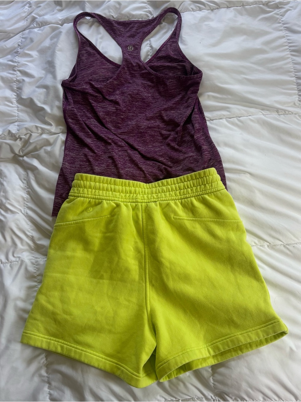Lululemon Neon Green High-Rise Shorts + purple tank top- bundle size 4
